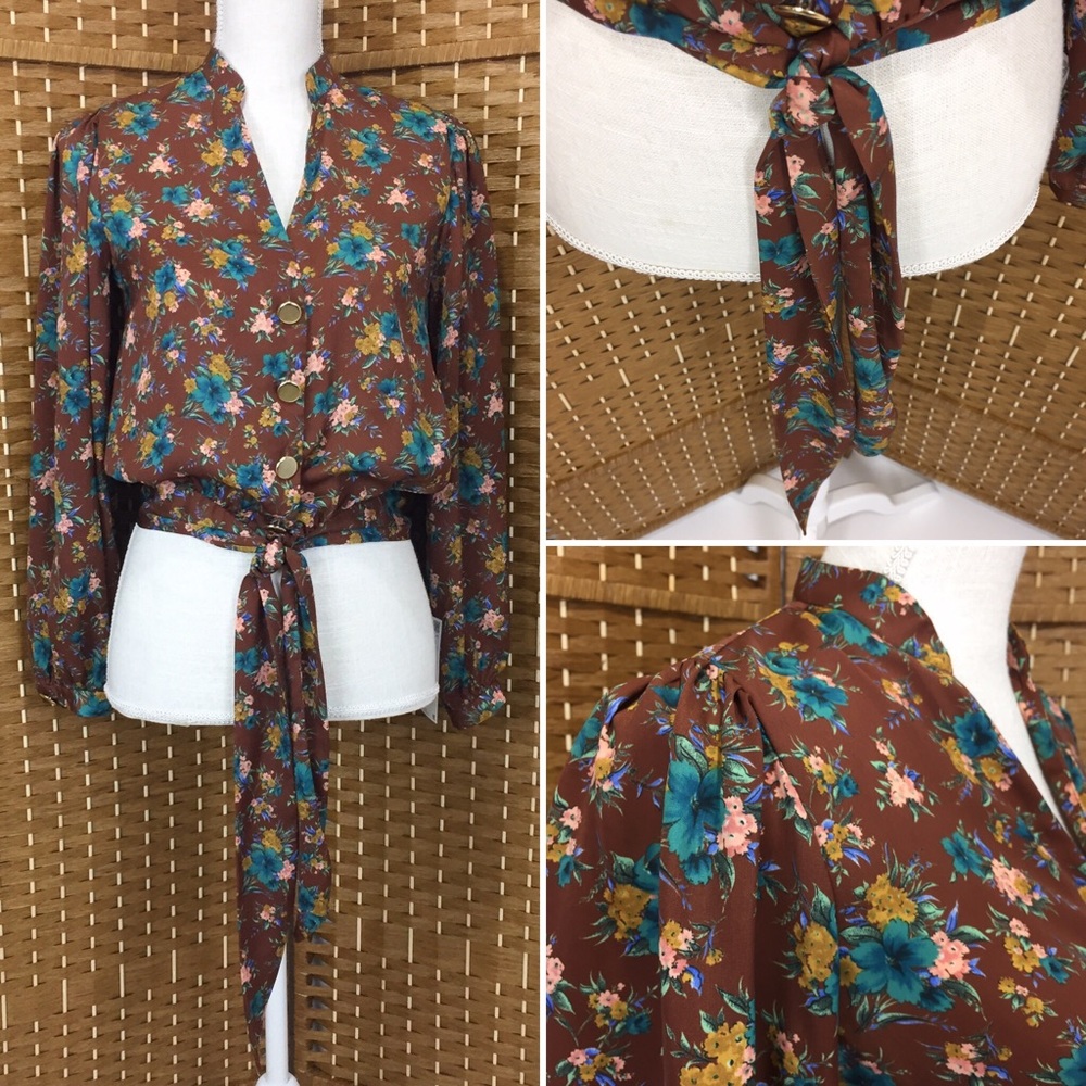 Zara Satin Floral Print Tie Waist Blouse Sz S NWT